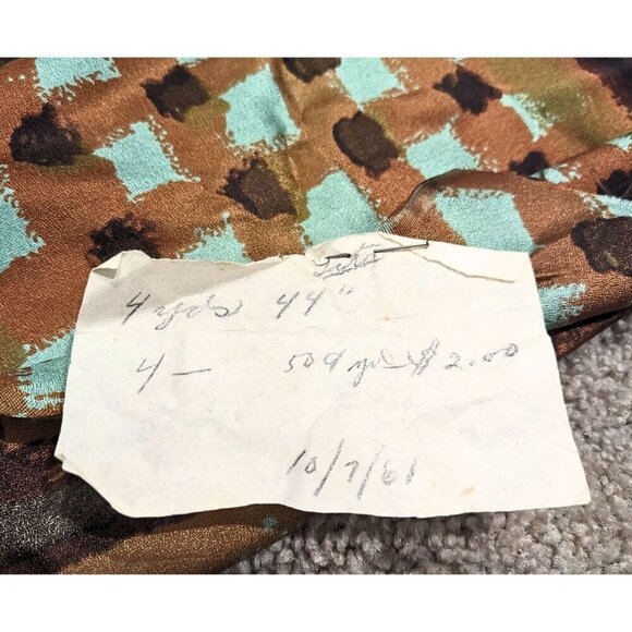 Vintage 60s Uncut Polyester Satin Mod Fabric w/ Receipt Orange Check 5 sq.yds. - Picture 2 of 5
